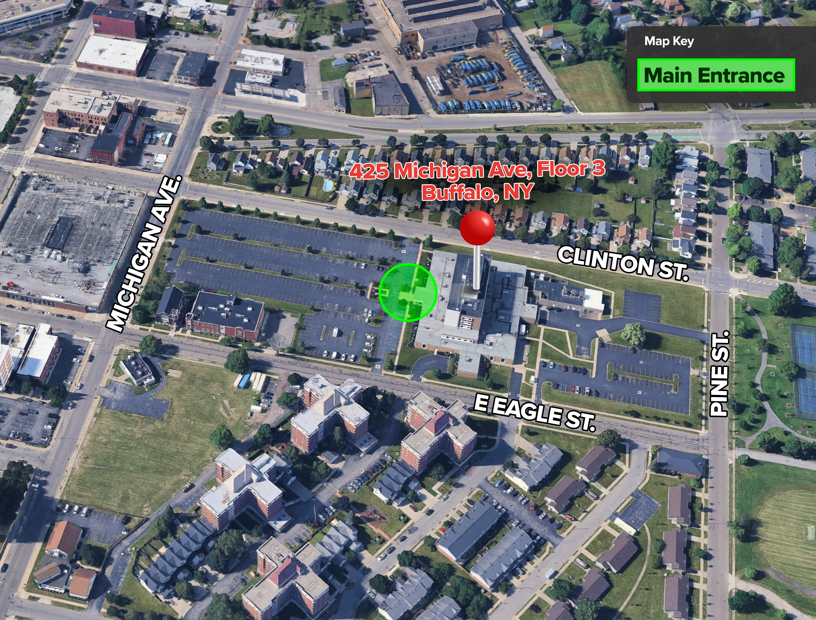 A map of the Buffalo testing center and parking lot