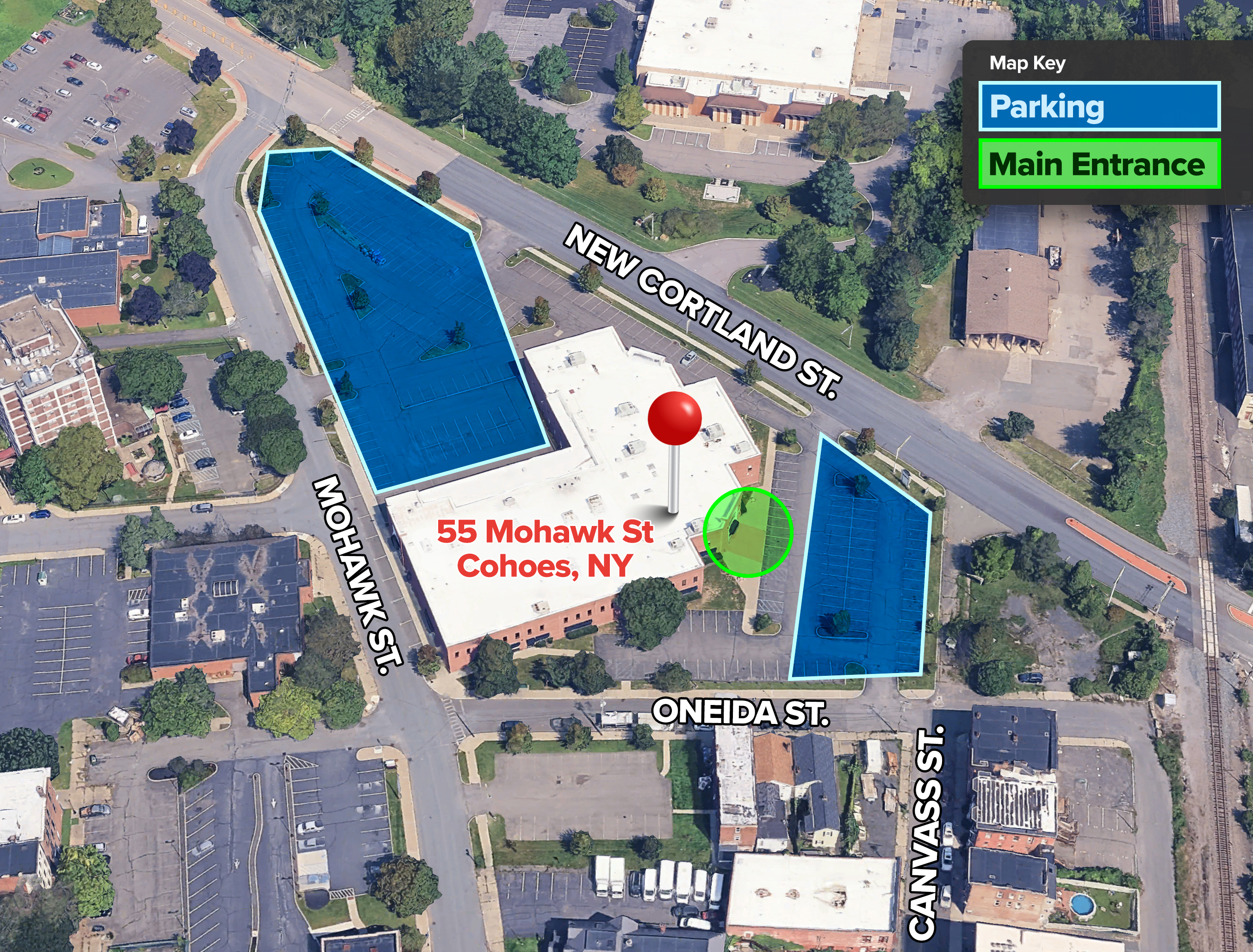 A map of the Cohoes testing center and parking lot