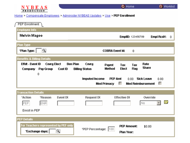 PEP Enrollment Screen Image