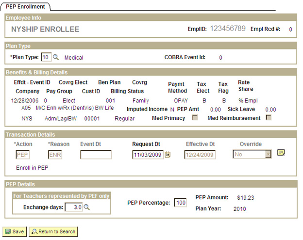 PEP enrollment screen