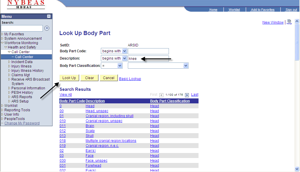 Call Center - Injury Detail - Body Part Look Up