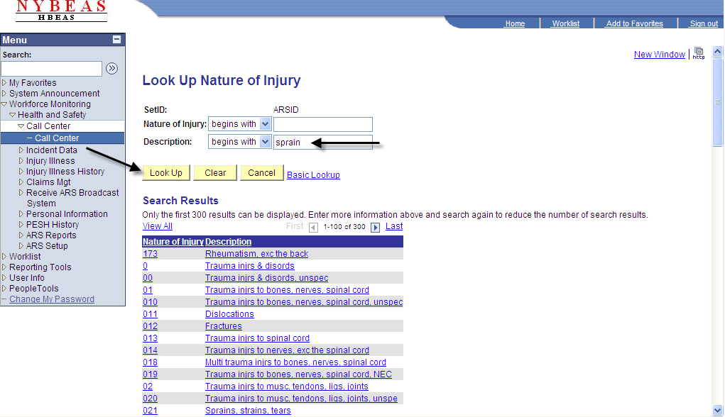 Call Center - Injury Detail - Nature Of Injury Look Up