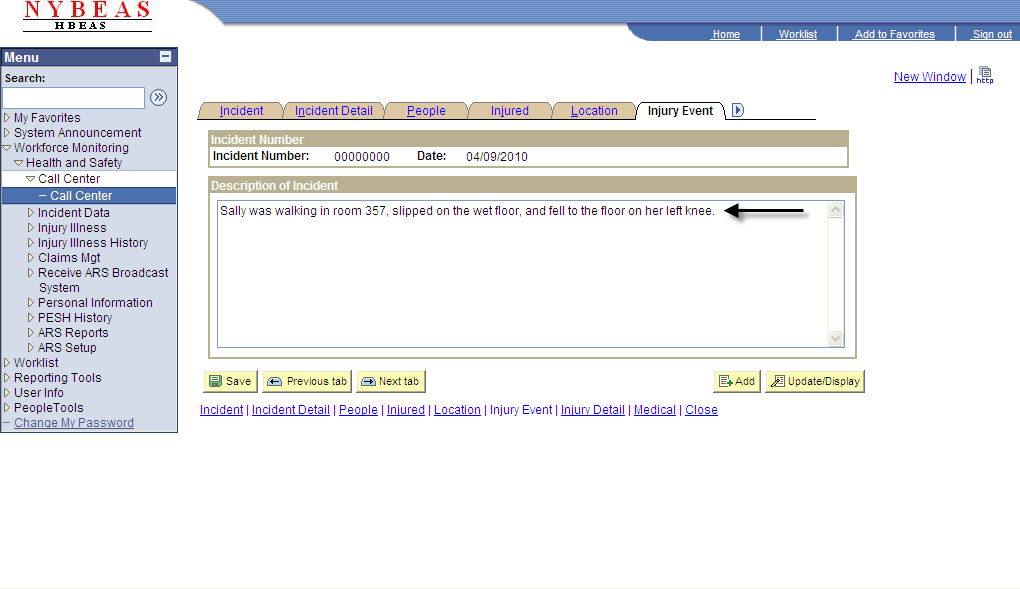 Call Center - Injury Event - Description of Incident