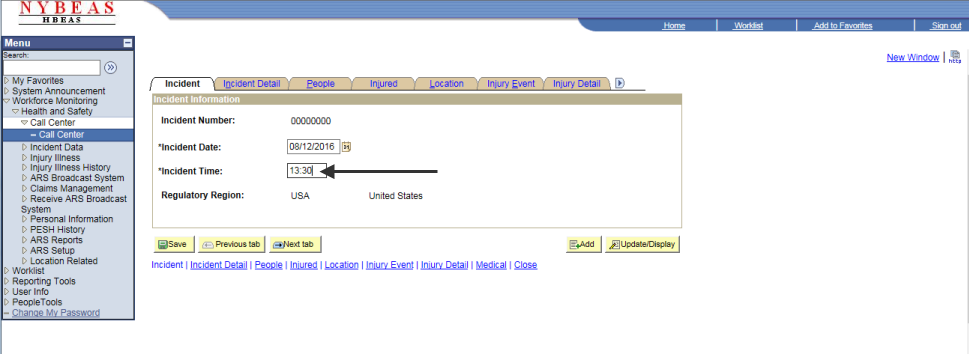 NYBEAS incident information screen incident incident time option