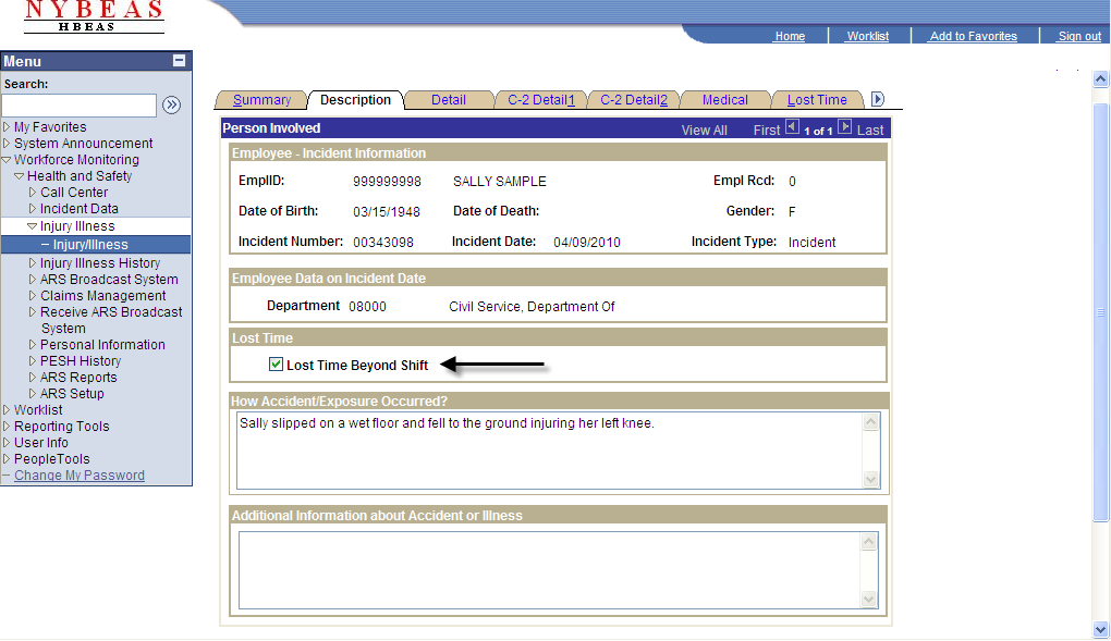 Injury Illness - Description - Lost Time Beyond Shift