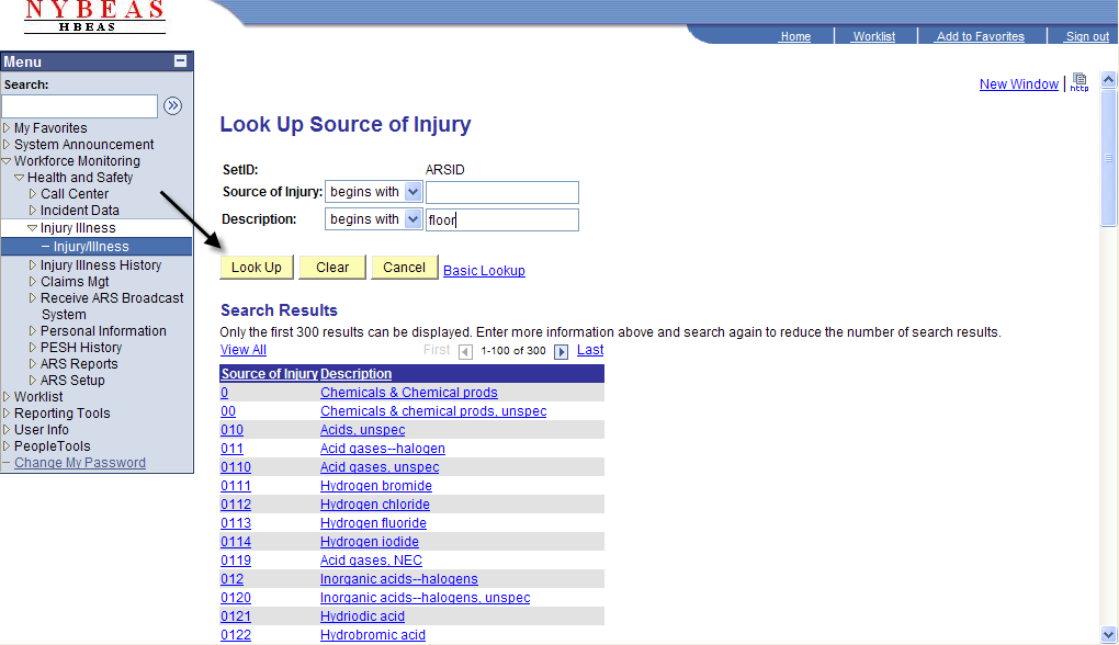 Injury Illness - Detail - Source of Injury Look Up