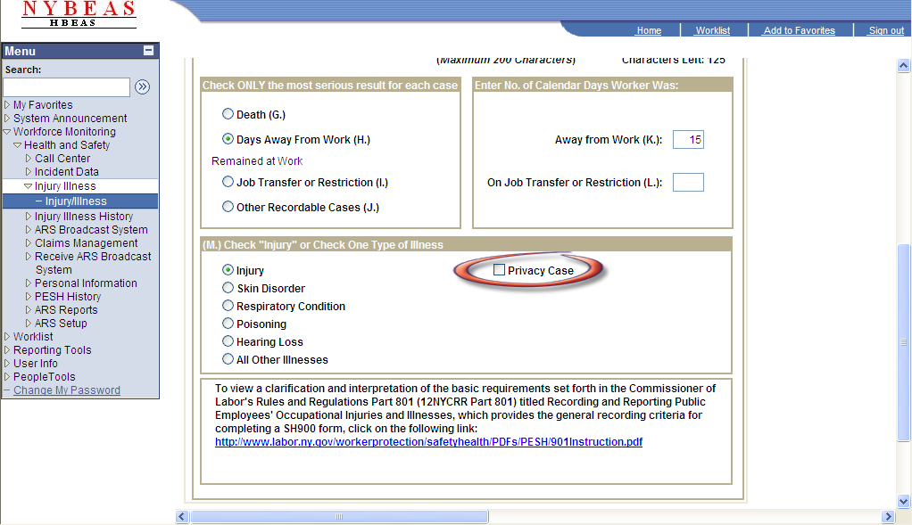 Injury Illness Search indcating major injury privacy case option.