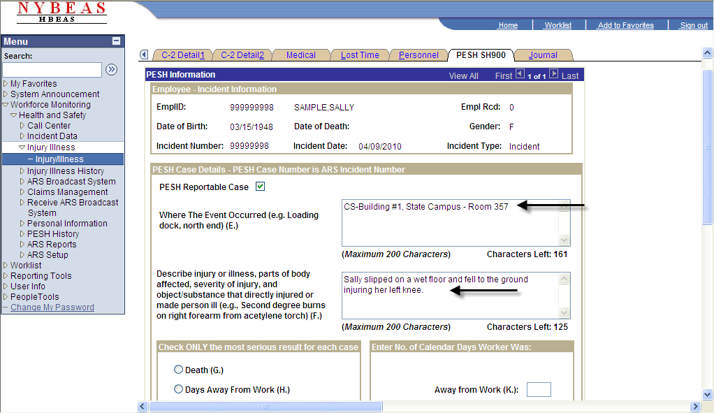 Injury Illness Search indcating Event Occurance Field