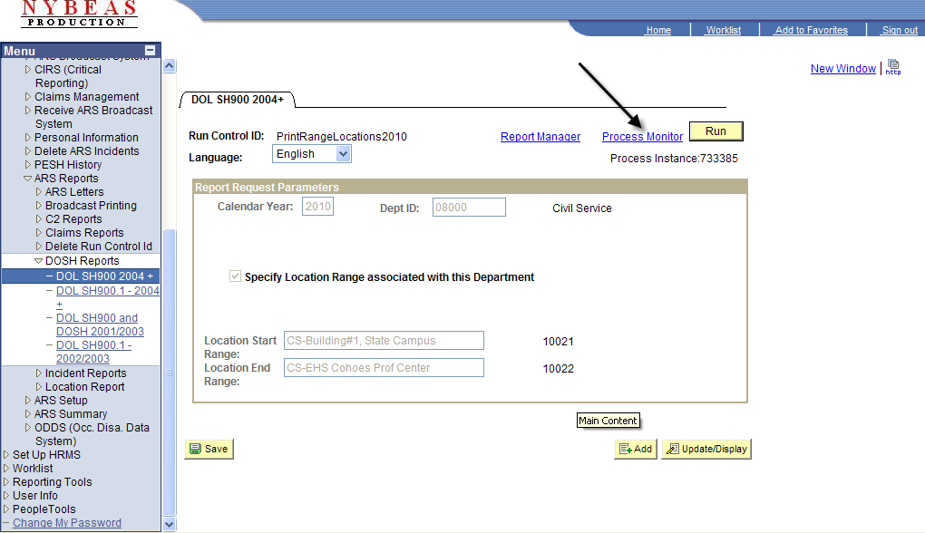 DOL SH900 2004+ screen indicating the process monitor button