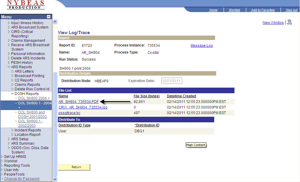 DOL SH900.1 2004+ screen showing the process list tab indicating  file list pdf