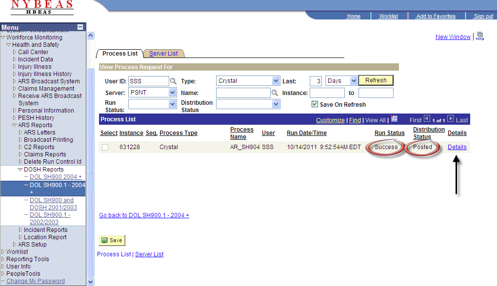DOL SH900.1 2004+ screen showing the process list tab indicating run status and distribution status
